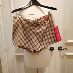 Forever 21 Beige and Brown Plaid Mini Skort with Gold Accent
